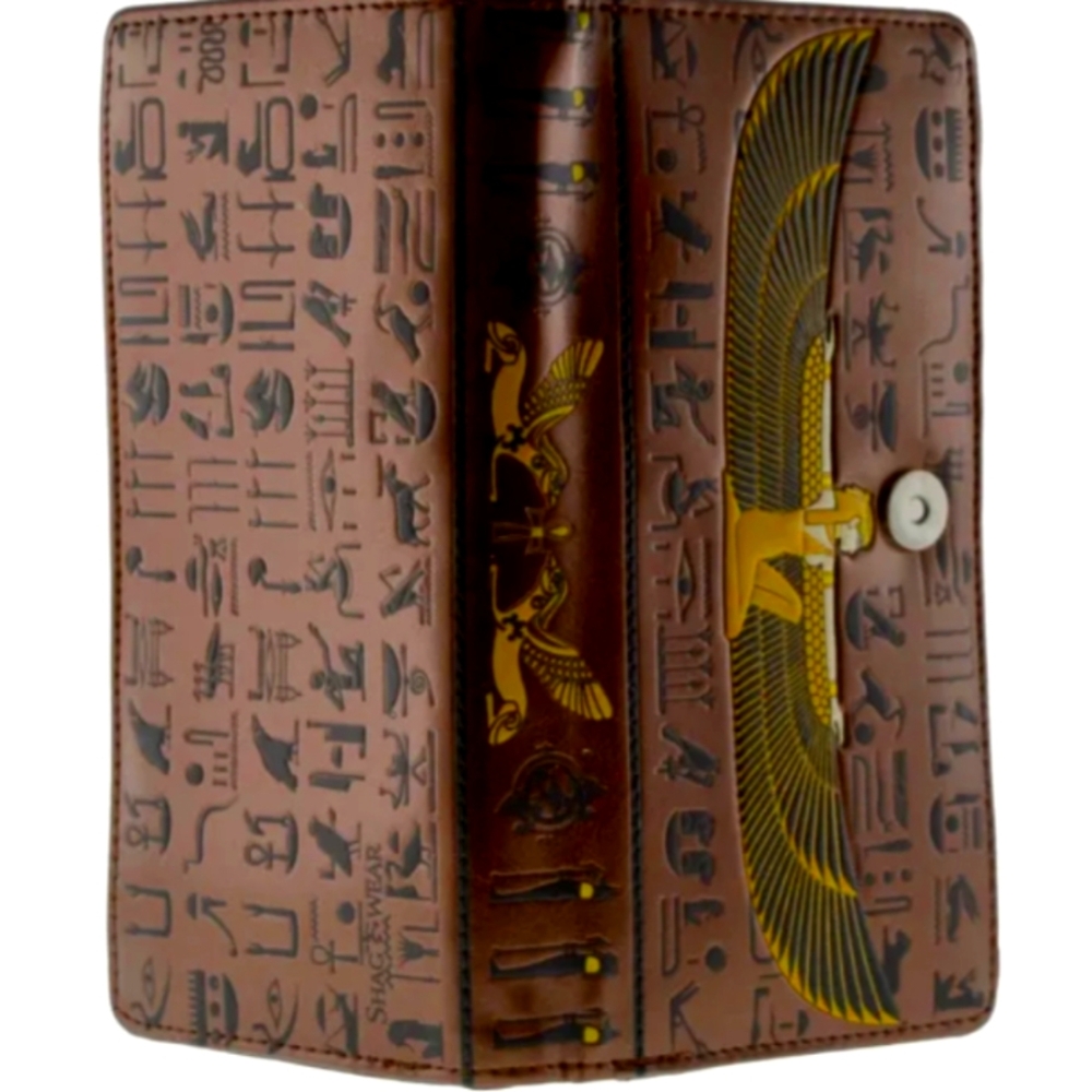 Shagwear Wallet Vegan Leather Egyptian Pattern Brown Gold Clutch Purse